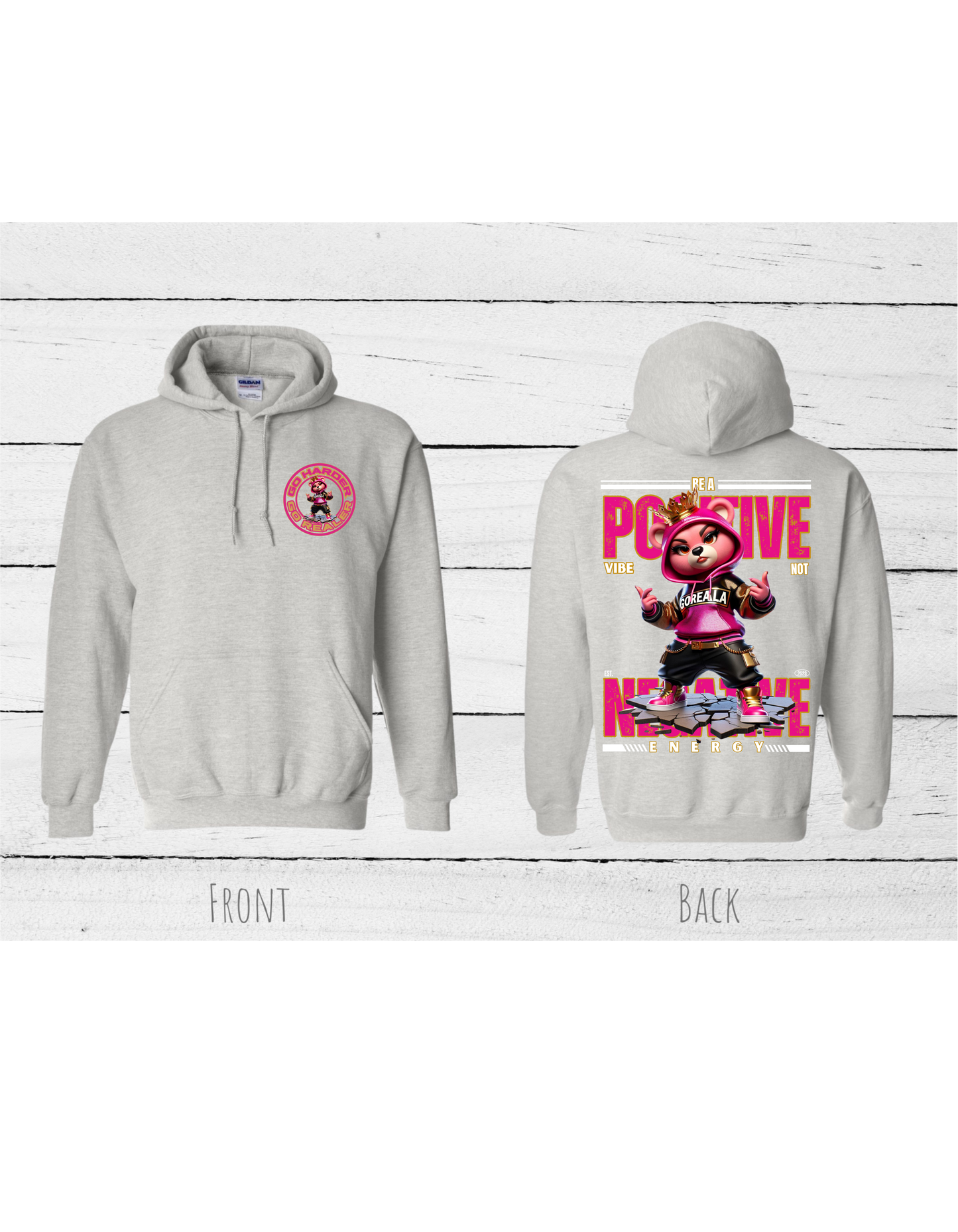 Inspirational Lady Bear hot pink Hoodie with the quote "BE A POSITIVE VIBE NOT NEGATIVE ENERGY" #2402