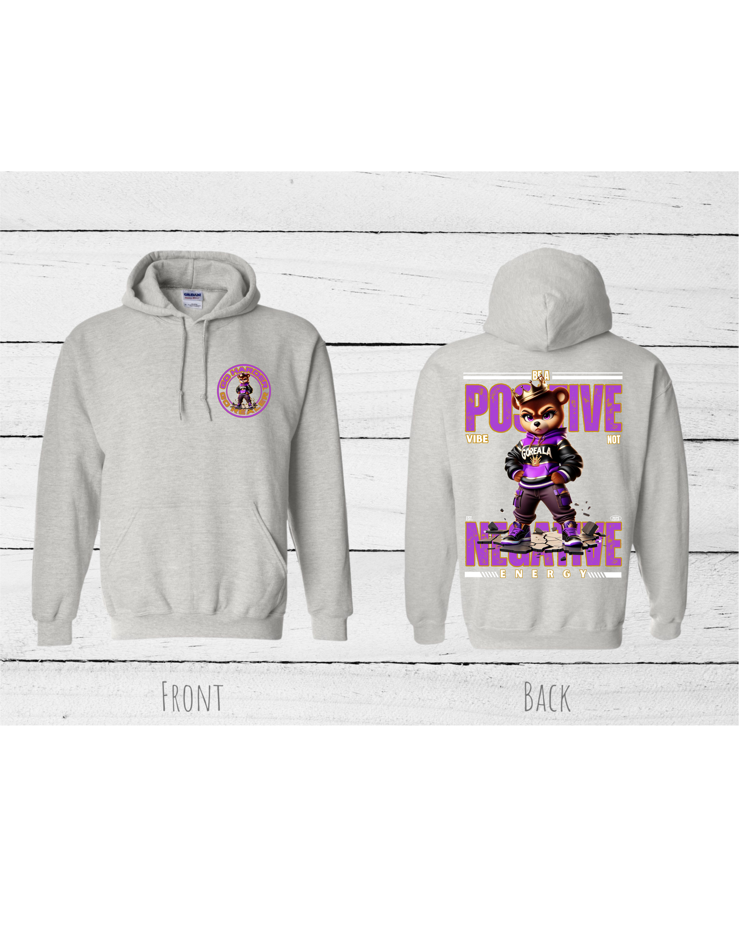 Inspirational Lady Bear purple Hoodie with the quote "BE A POSITIVE VIBE NOT NEGATIVE ENERGY" #2404