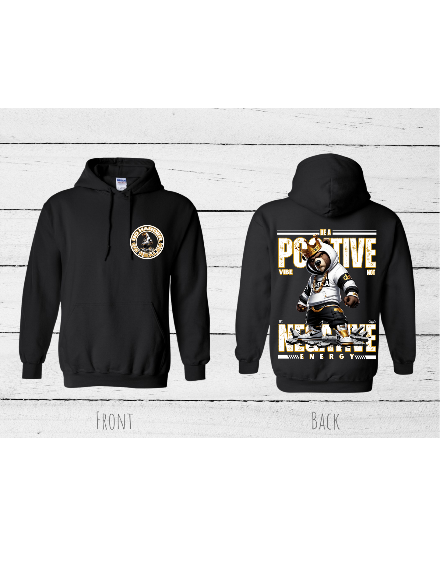 Inspirational Bear white Hoodie with the quote "BE A POSITIVE VIBE NOT NEGATIVE ENERGY" #2406